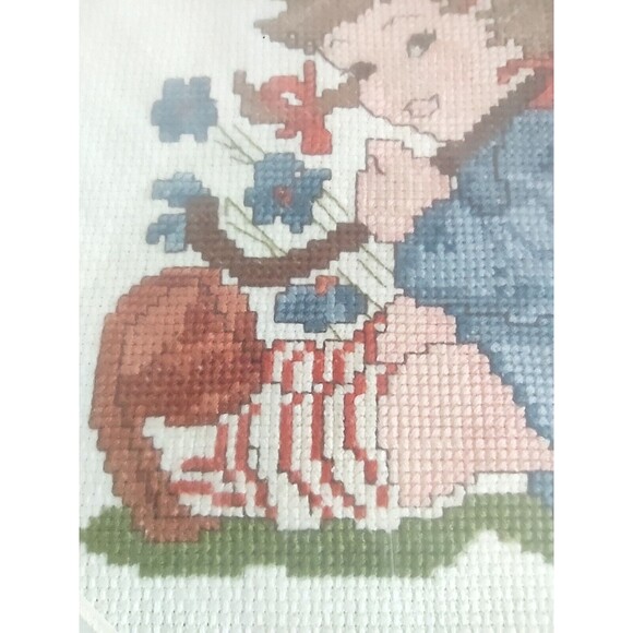 14X14" Needlepoint Framed Pictures Cross Stitch Art 70s Girl Flowers Parasol - Picture 3 of 9